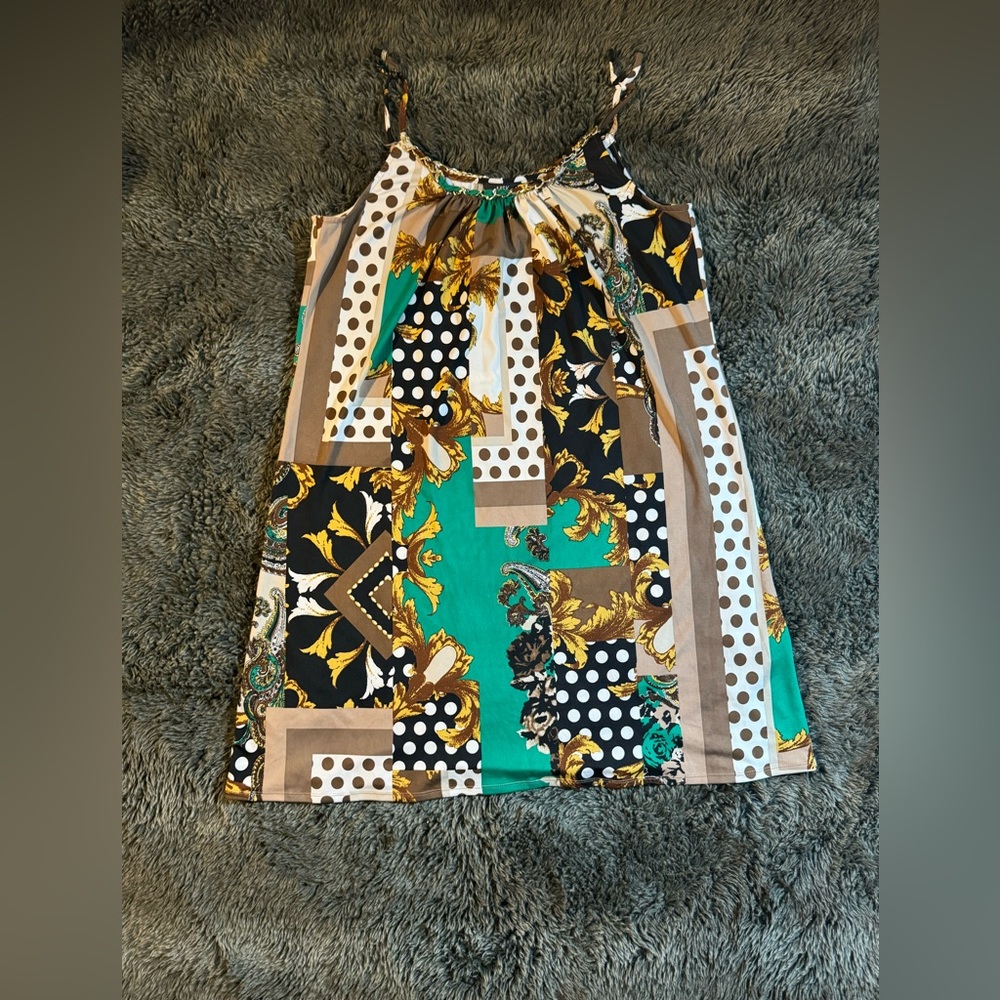 MSK green white black brown yellow/gold midi xl dress
